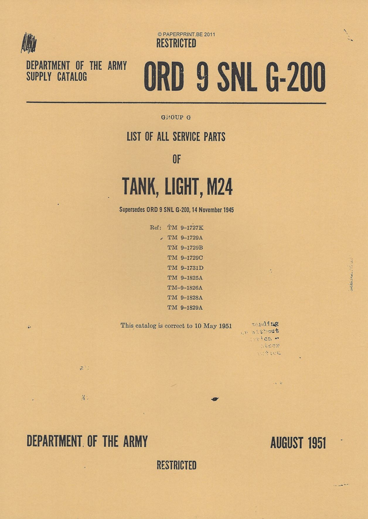 SNL G-200 US LIST OF ALL SERVICE PARTS OF TANK, LIGHT, M24